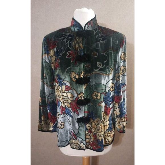 Vtg Ania A Womens Velvet Burnout Kimono Top Sz S Green Floral Art Asian goth - Picture 1 of 8